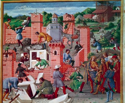 La costruzione della città di Roma. I gemelli Romolo e Remo visitano il sito (ispezione dei lavori e avanzamento dei lavori). I lavoratori sono attivi nel compito: muratori, tagliatori di pietra, portatori, marmo e cemento (preparazione del cemento) al lav da Master of the Innocent III missal