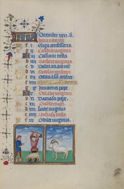 Pagina del calendario di dicembre; Macellazione di un maiale; Capricorno da Master of the Lee Hours