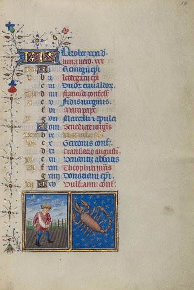 Pagina del calendario per il mese di ottobre; Semina; Scorpione da Master of the Lee Hours