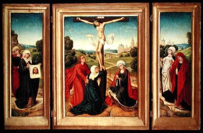 Trittico con il pannello centrale che raffigura la Crocifissione con la Vergine, San Giovanni e Maria Maddalena; l