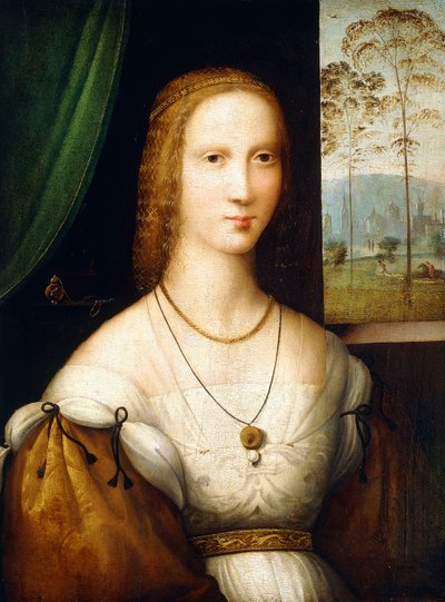 Ritratto di una signora, a mezza lunghezza, che indossa un vestito bianco con maniche dorate da Master of the Leonardesque Female Portraits
