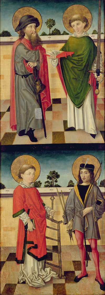 In alto: San Giacomo come pellegrino e San Matteo con un libro e una spada; In basso: San Lorenzo con una griglia e San Sebastiano con un arco e una freccia, retro di un pannello di un altare da Master of the Luneburg Footwashers