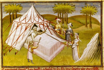 Il leader mongolo Gengis Khan sul letto di morte che dà le sue ultime raccomandazioni ai suoi figli, c.1410 (miniatura) da Master of the Mazarine
