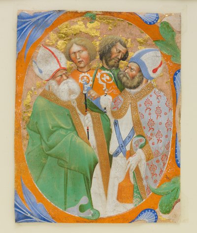 Illustrazione di manoscritto con quattro santi in una lettera O, da un libro corale, 1440-50 da Master of the Murano Gradual