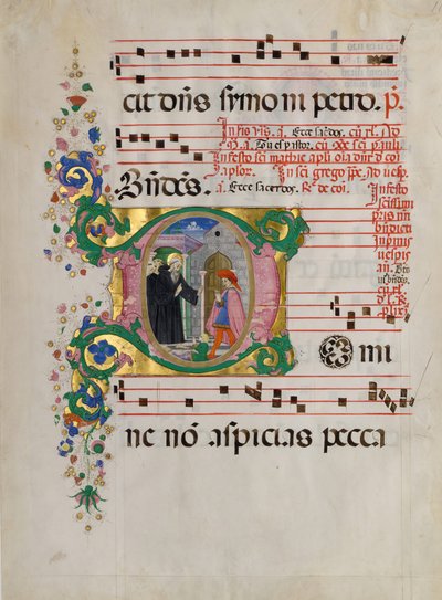 Foglio di manoscritto con San Benedetto che resuscita un ragazzo in una iniziale D, da un antifonario da Master of the Riccardiana Lactantius