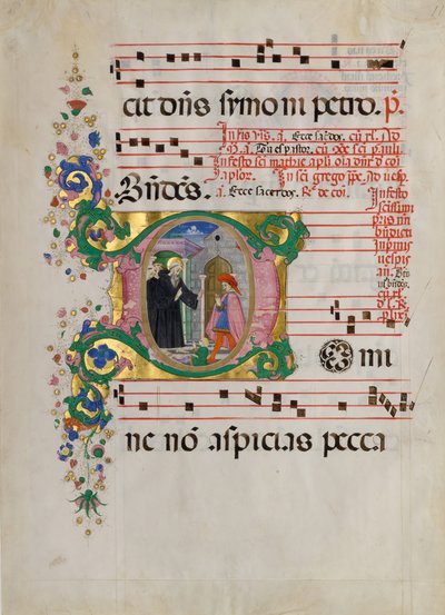 Foglio di manoscritto con San Benedetto che resuscita un ragazzo in una lettera D..., seconda metà del XV secolo da Master of the Riccardiana Lactantius