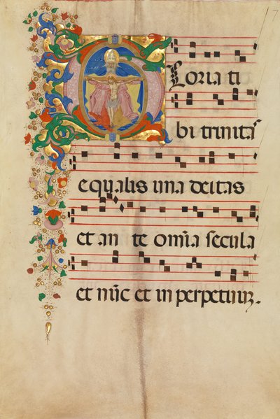Foglio di manoscritto con la Trinità in una iniziale G, da un antifonario, italiano da Master of the Riccardiana Lactantius