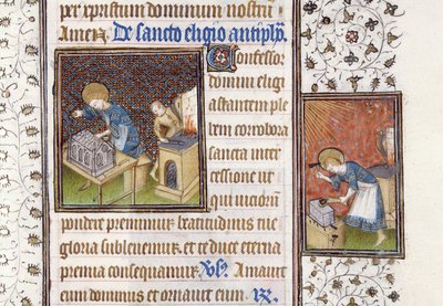 Ms 62 f.215r San Eligio che realizza un Santuario; San Eligio all