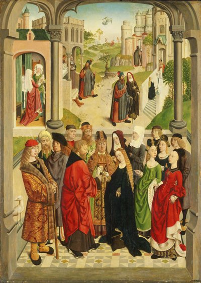 Olandese: Lo sposalizio di Maria. Sullo sfondo (da sinistra a destra) la nascita di Maria, Gioacchino cacciato dal tempio, l