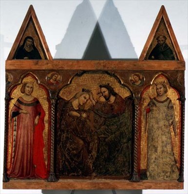 Trittico: Incoronazione della Vergine affiancata da due santi da Master of the Urbino Coronation