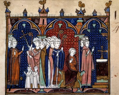 Ordine della consacrazione e incoronazione dei re di Francia: Arrivo del re nella cattedrale, il re seduto sul trono, vescovi, monaci e chierici da Master of the life of St Denis and Master of Guignes