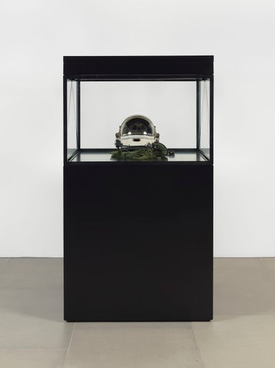Alpha Omega, 2016 (vetro, schermo LCD, lettore multimediale, teschio replicato, casco spaziale, legno) da Mat Collishaw