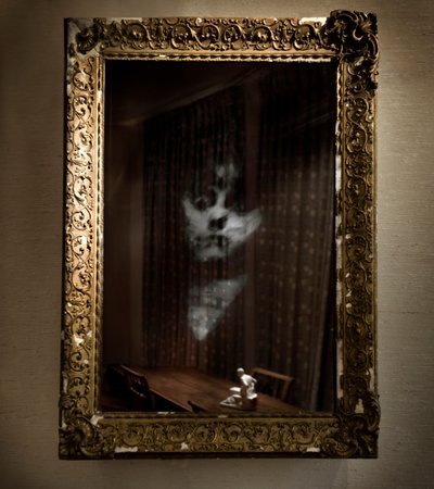 Women Under the Influence, 2009 (cornice antica, specchio bidirezionale, legno, acciaio, schermo LCD e hard disk) da Mat Collishaw