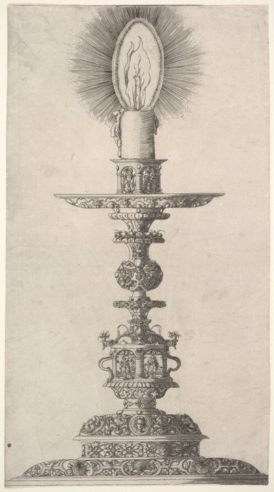 Candeliere con candela accesa da: Insigne Ac Plane Novum Opus Cratero graphicum, Ein n..., 1551 da Mathias Zundt