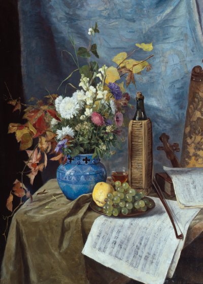 Composizione con bottiglia di vino, fiori e frutta da Mathilde Dietrichson