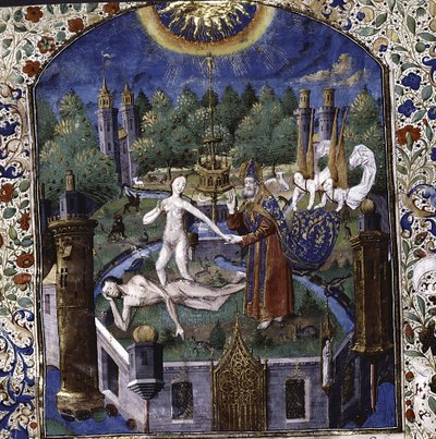 La creazione di Eva dal corpo di Adamo dormiente da De cleres et nobles femmes di Giovanni Boccaccio, 1450-1475 da Maître François