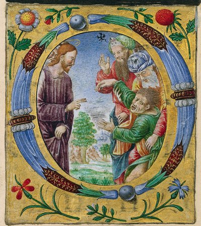 Ritaglio da un Messale: Iniziale O con Cristo che esegue un esorcismo, c. 1520 da Matteo da Milano