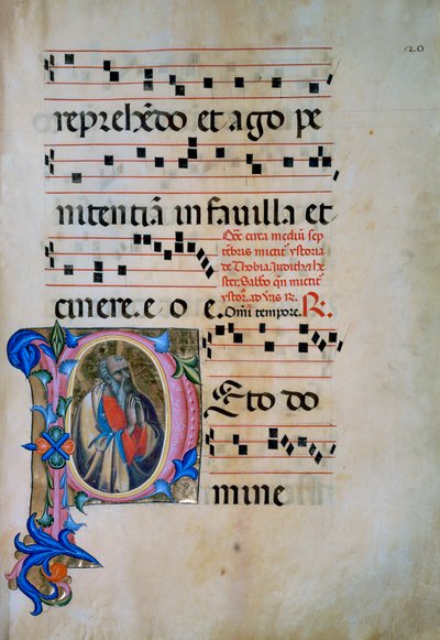 Iniziale miniata con la figura di San Michele Arcangelo che sconfigge i demoni (Corale 5, c. 105v), per il libro corale 5 di Santa Maria degli Angeli da Matteo di Filippo Torelli