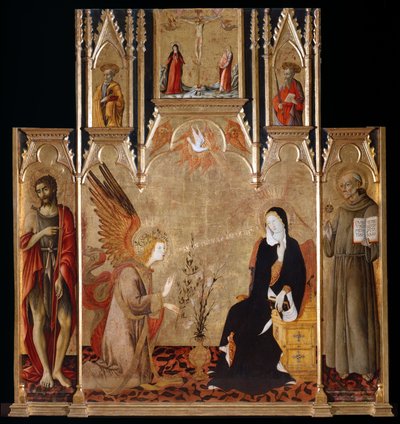 Annunciazione con Santi Giovanni Battista, Bernardino da Siena; Crocifissione, Santi Pietro e Paolo da Matteo di Giovanni