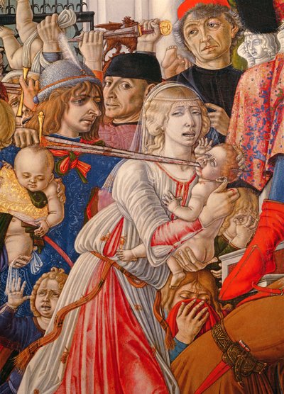 La strage degli innocenti (dettaglio di un soldato che trafigge un bambino con la sua spada, 1482) da Matteo di Giovanni di Bartolo