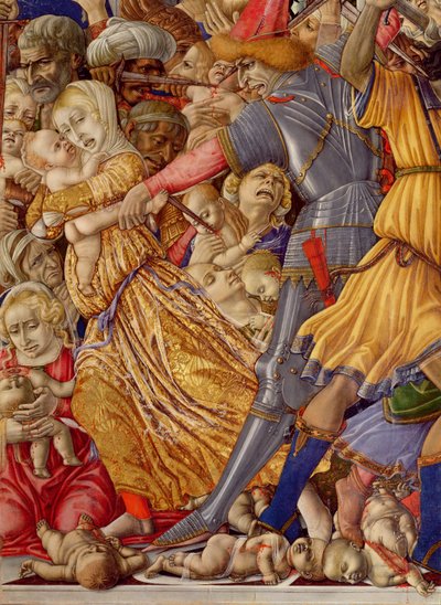 La strage degli innocenti (dettaglio di un soldato che si prepara a pugnare un bambino e il massacro circostante, 1482) da Matteo di Giovanni di Bartolo