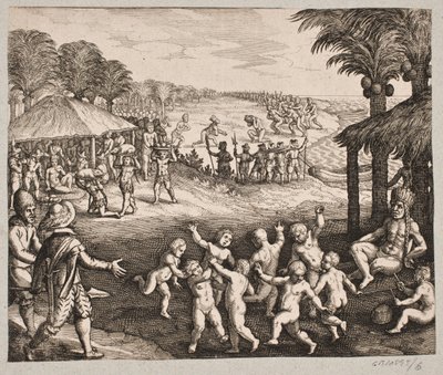 Sul servizio di cibo dei selvaggi, la preparazione delle bevande e le loro danze per il re da Matthäus Merian d.Æ.