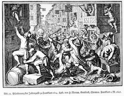 Sacco del quartiere ebraico durante le rivolte di Fettmilch a Francoforte il 22 agosto da Matthaus the Elder (after) Merian