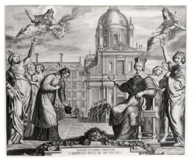 Robert de Sorbon (1201-94) e il Cardinale Richelieu (1575-1642) davanti alla Sorbona, inciso da Gregoire Huret (1606-70) 1639 da Matthaus the Elder Merian