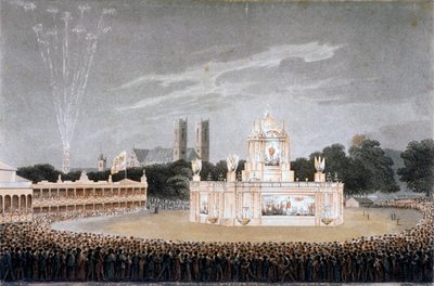 Spettacolo pirotecnico a Green Park, Westminster, Londra, 1814 da Matthew Dubourg