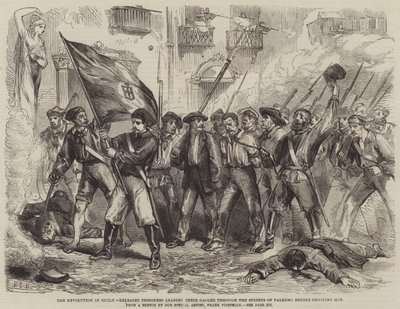 La rivoluzione in Sicilia, prigionieri liberati che conducono il loro carceriere per le strade di Palermo prima di sparargli da Matthew Somerville Morgan