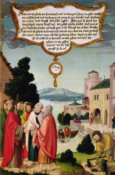 Il Regno dei Cieli è come una rete, gettata nel mare e che raccoglie pesci di ogni tipo (Matteo 13) illustrazione dell
