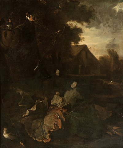 Natura morta del sottobosco con un fringuello, una rondine, altri uccelli e farfalle, paesaggio con una fattoria sullo sfondo da Matthias Withoos
