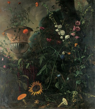 Malvarose, rose, un fiore blu, girasole e funghi, con calendule in un