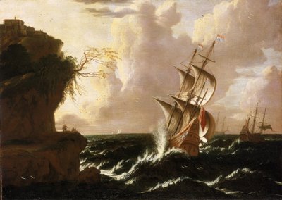 Nave olandese nella tempesta, davanti a una scogliera, sormontata da edifici fortificati da Matthieu van (c.1608 60) Plattenberg