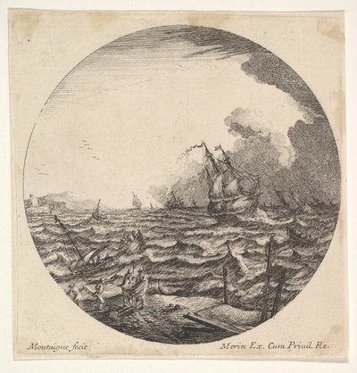 Tempesta in una composizione rotonda, a sinistra onde agitano una piccola nave occupata da sette persone da Matthijs van Plattenberg