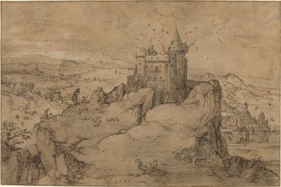 Paesaggio con castello sopra un porto da Matthys Cock