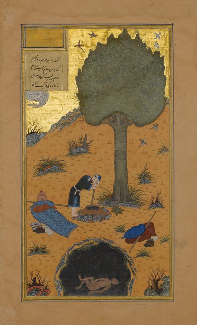 Come un Vantatore fu Annegato in un Pozzo, Folio 33v da un Haft Paikar, ca. 1430 da Maulana Azhar