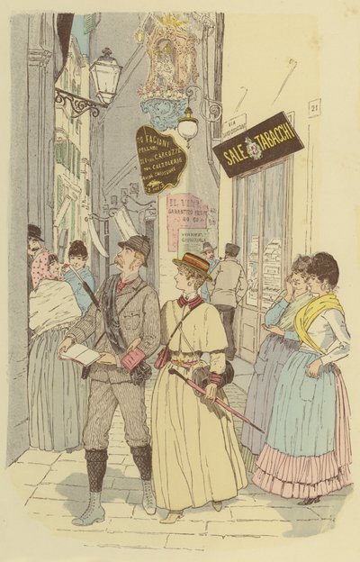 Un uomo e sua moglie che camminano per i vicoli del centro storico di Genova da Maurice Charles Mathieu Bonvoisin