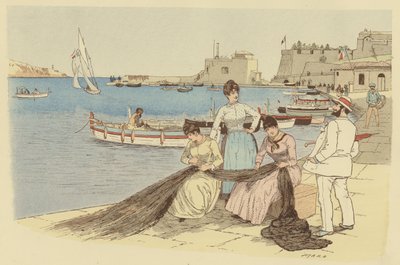 Un uomo che chiacchiera con un gruppo di donne che riparano reti da pesca a Villefranche, Francia da Maurice Charles Mathieu Bonvoisin