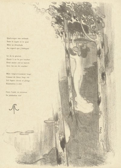 Illustrazione con donna nuda in piedi tra alberi presso un lago per la poesia Petit Air di Stéphane Mallarmé da Maurice Denis