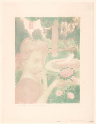 Giovane donna riceve un mazzo di fiori in un giardino da Maurice Denis