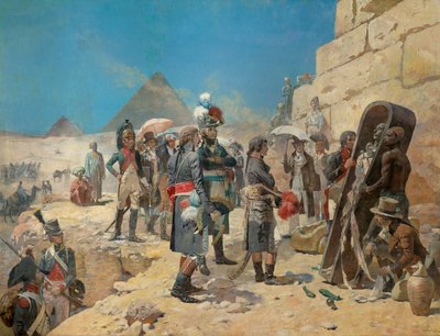 Napoleone Bonaparte davanti alle piramidi contempla la mummia di un re nella campagna d