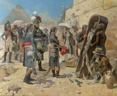 Napoleone Bonaparte davanti alle piramidi contempla la mummia di un re nella campagna d
