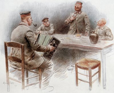 Prigionieri che suonano la fisarmonica e cantano nel campo di prigionia di Dinan da Maurice Henri Orange