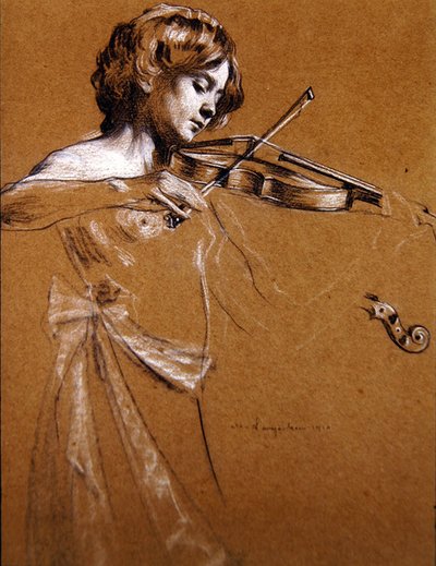 Giovane ragazza che suona il violino con il seno scoperto da Maurice Langaskens