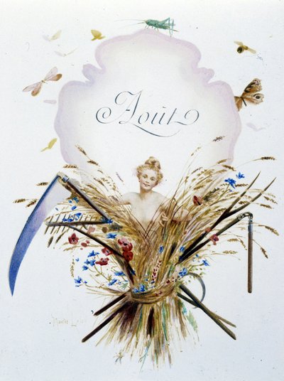 Agosto "La Chanson du mois" di Jérôme Doucet, illustrazione - Maurice Leloir, ed. Reims 1904. L. Michaud da Maurice Leloir