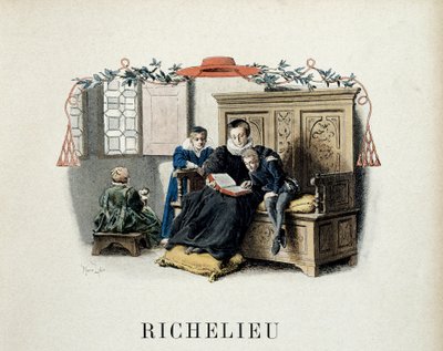 Storia della Francia: La madre di Armand Jean du Plessis, che divenne Cardinale Richelieu (1585-1642) e poi ministro di Luigi XIII, guida le sue prime letture. Illustrazione di Maurice Leloir (1853-1940) in "Richelieu" di Theodore Cahu da Maurice Leloir