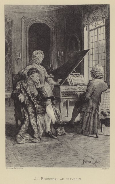 Jean-Jacques Rousseau al clavicembalo (incisione) da Maurice Leloir