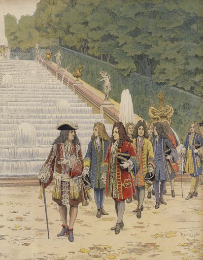 Re Luigi XIV e Samuel Bernard a Marly, visita ai giardini da Maurice Leloir