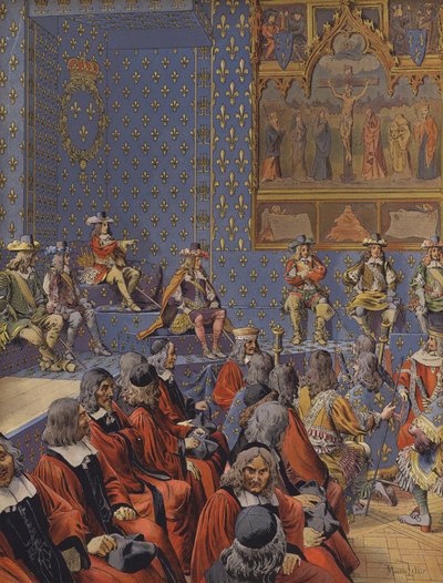 Re Luigi XIV seduto con gli stivali al Parlamento da Maurice Leloir